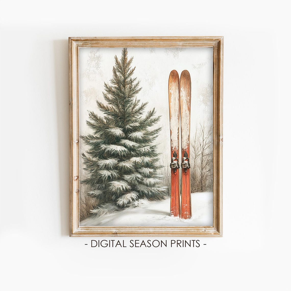 Red Vintage Skis Snowy Pine Classic Winter Ski Lodge Wall Art