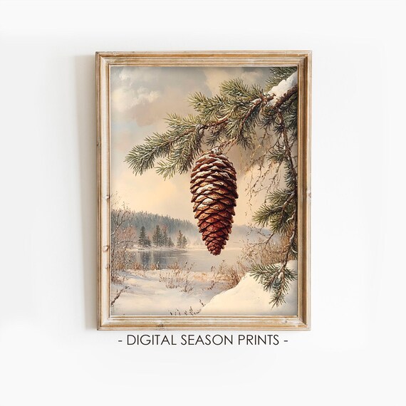 Snowy Pine Cone Hanging From Pine Branch Over Winter Lake Painting Poster