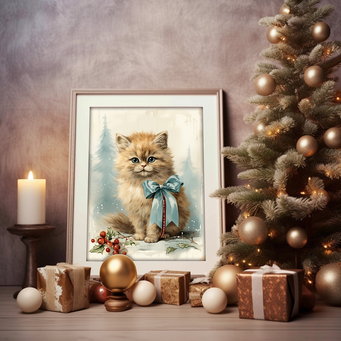 Fluffy Ginger Kitten Blue Bow Holly Berries Christmas Cat Art Poster - Image 2