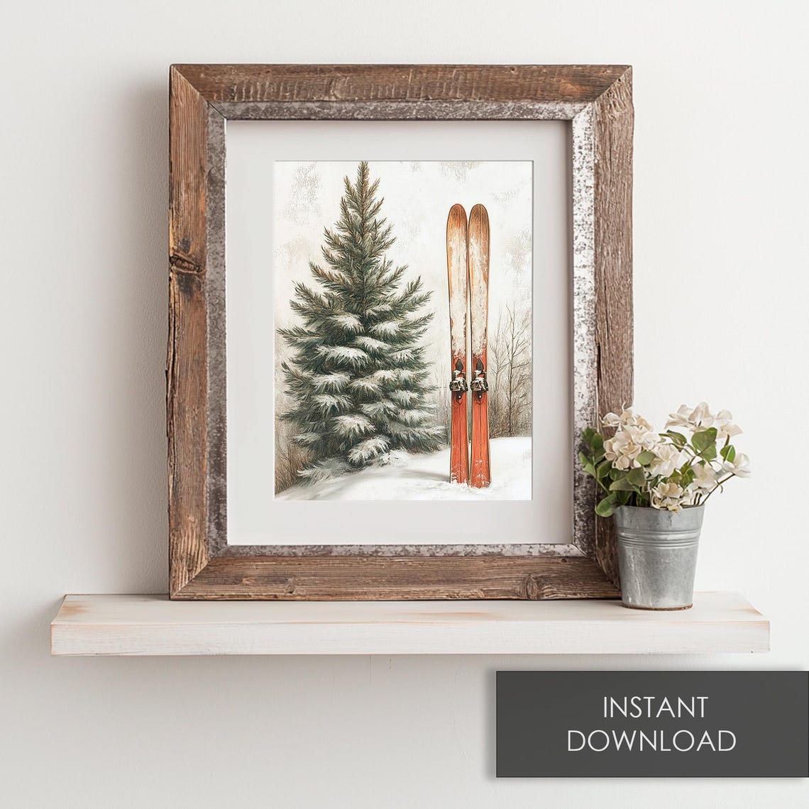 Red Vintage Skis Snowy Pine Classic Winter Ski Lodge Wall Art - Image 6