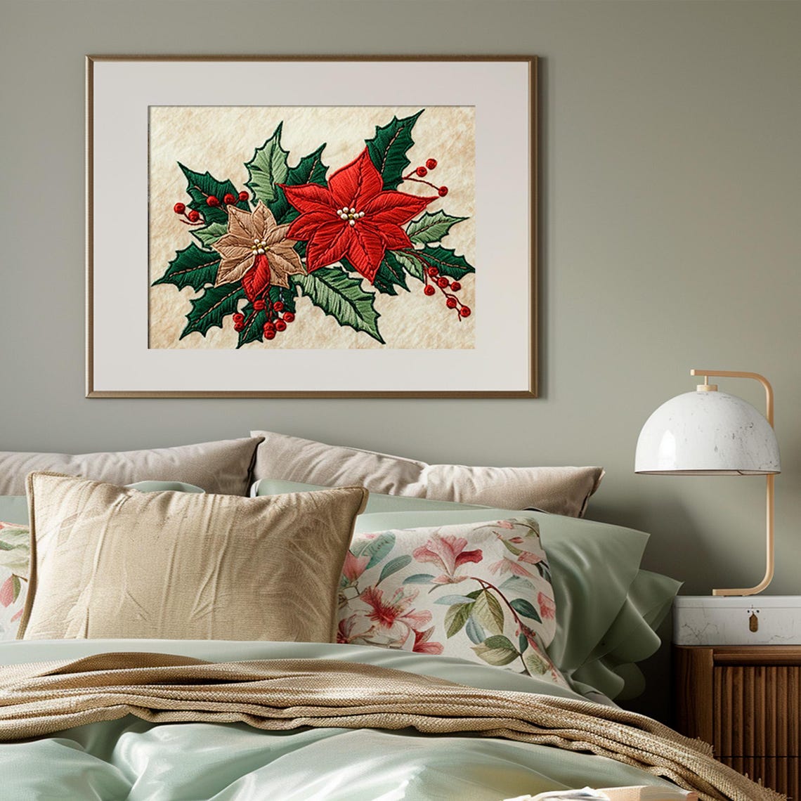 Embroidered Poinsettia Christmas Flower Vintage Holly Berries Print - Image 3