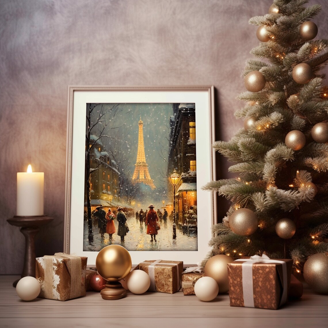 Snowy Paris Street With Glowing Eiffel Tower At Night Vintage Style Poster - Image 4