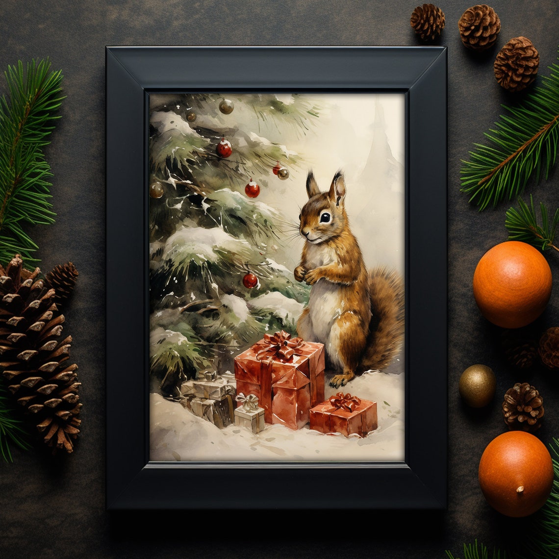 Red Squirrel With Christmas Gifts Under Snowy Pine Tree Print - Image 2