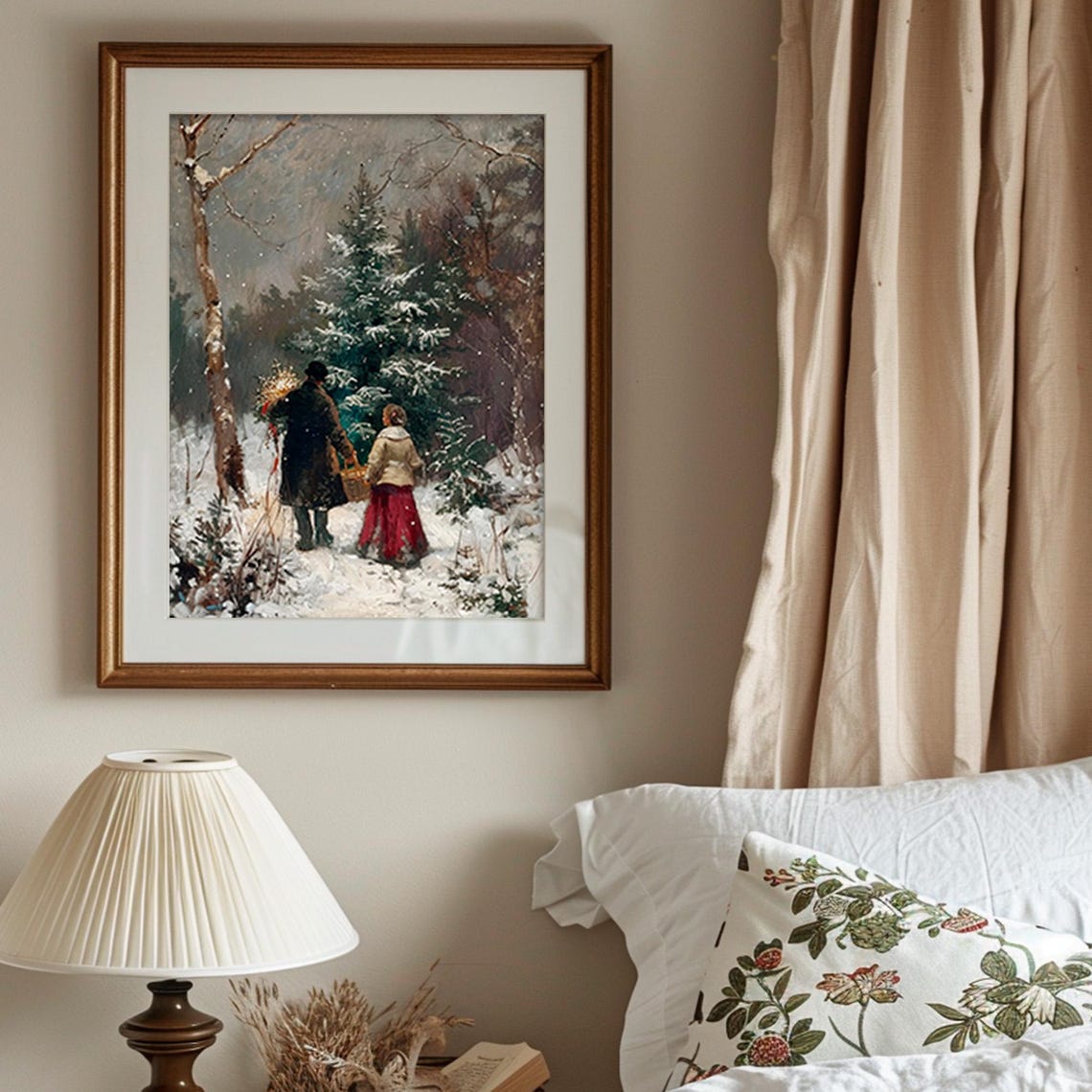 Couple Cutting Christmas Tree In Snowy Vintage Forest Scene Poster - Image 6
