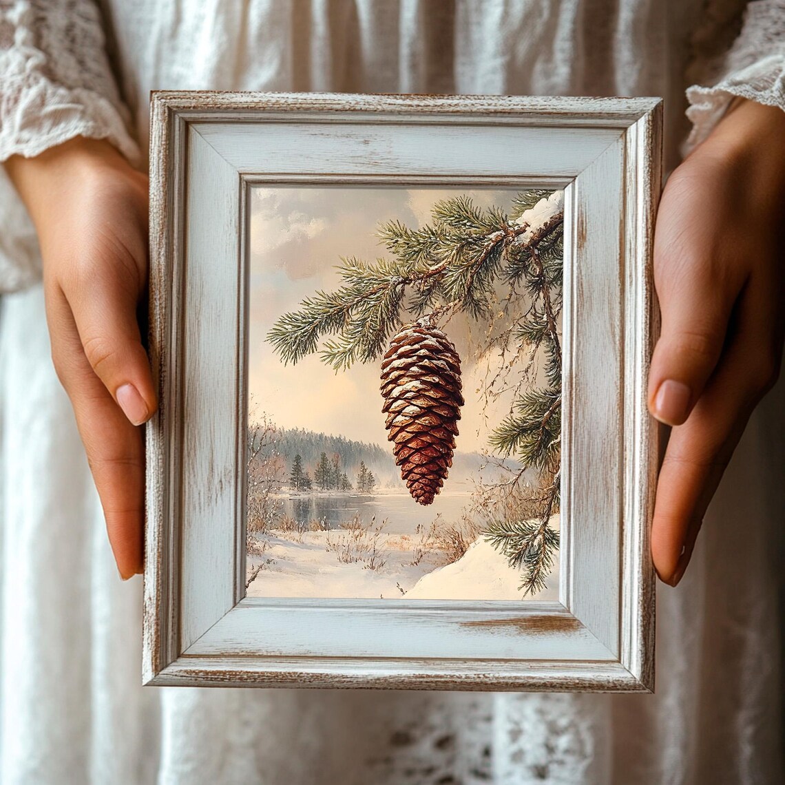 Snowy Pine Cone Hanging From Pine Branch Over Winter Lake Painting Poster - Image 3