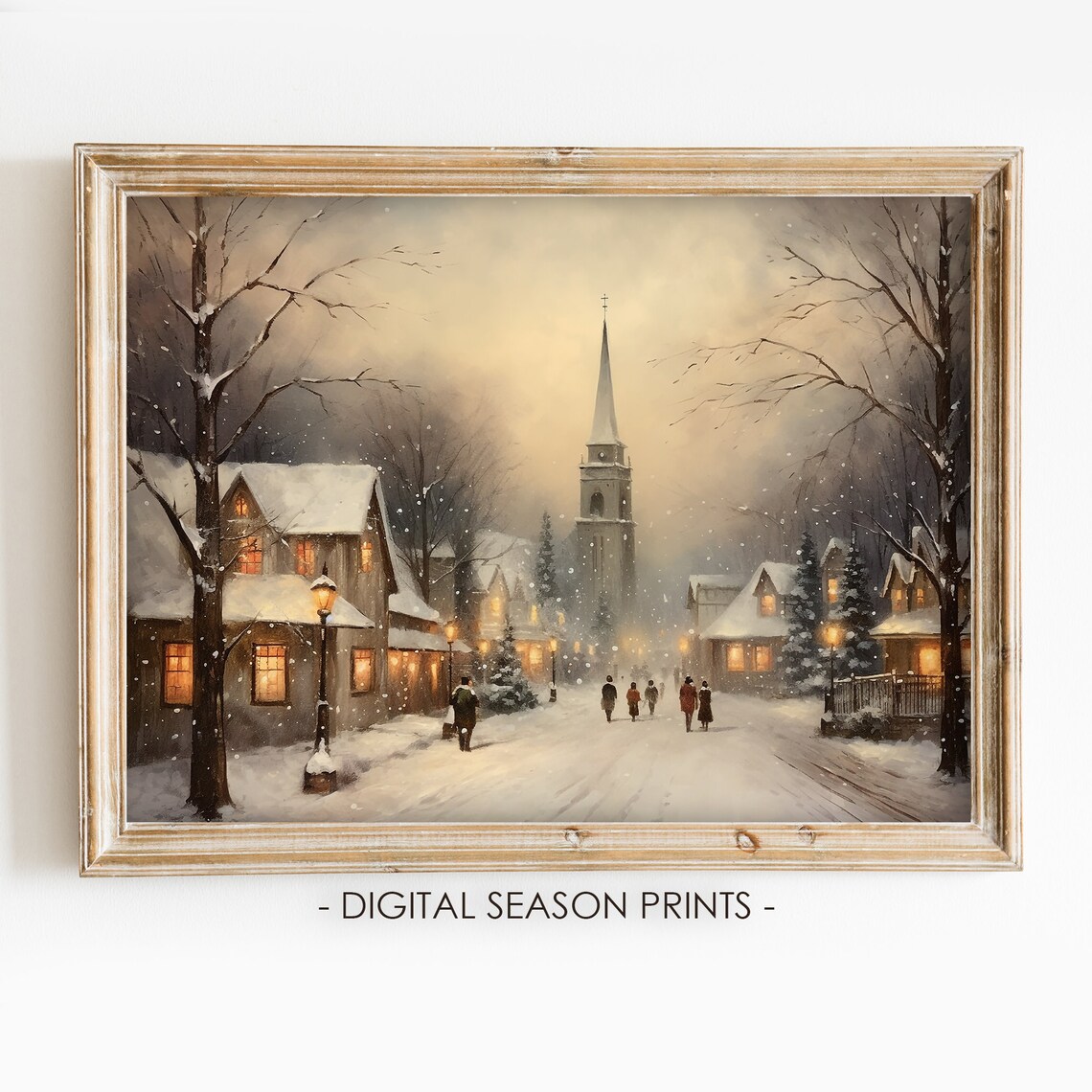 Evening Village Street Church Lampposts Winter Night Art Poster
