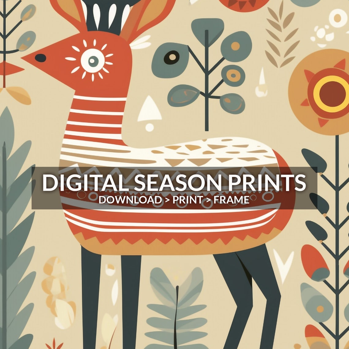 Scandinavian Folk Art Deer Nordic Reindeer Illustration Wall Art - Image 6