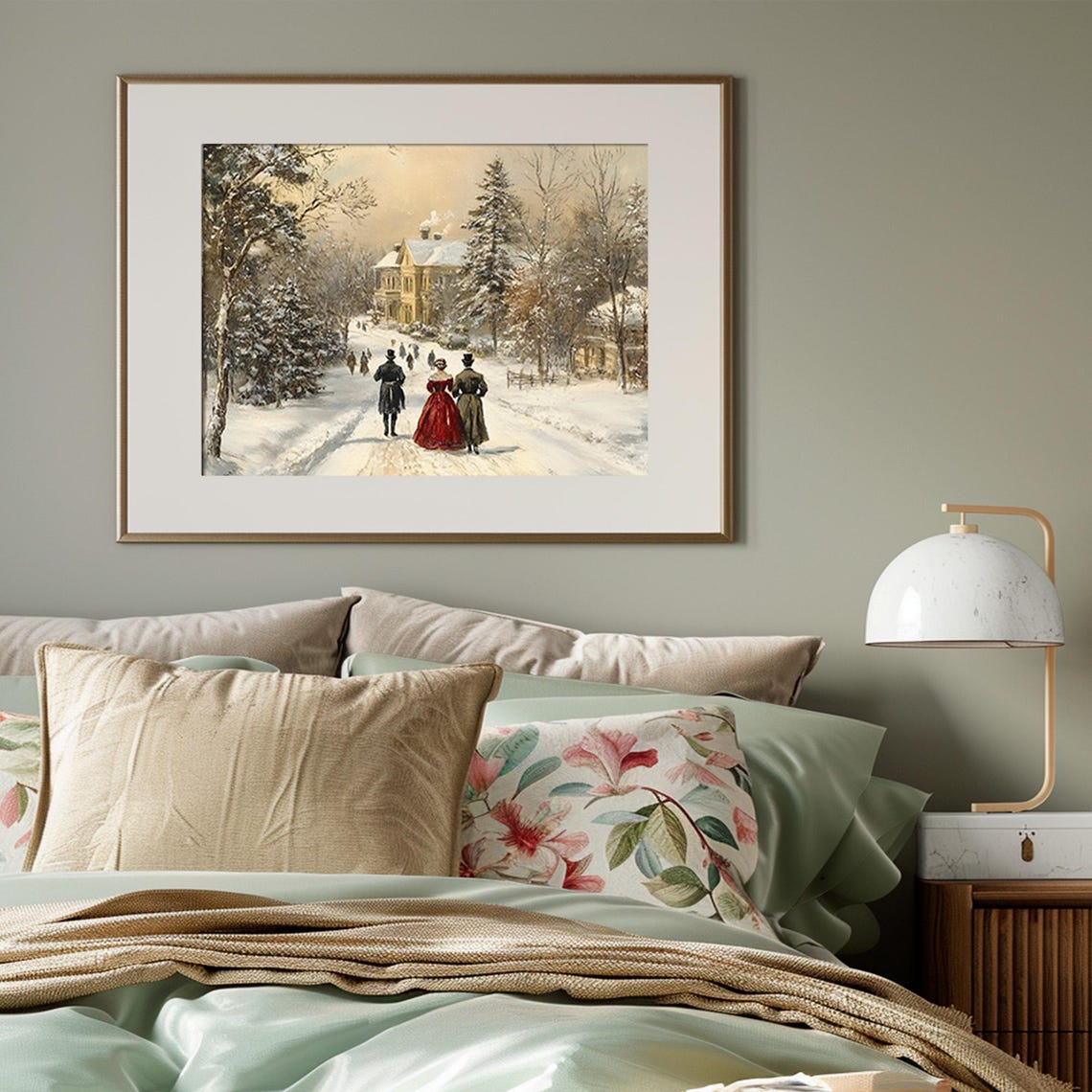 Victorian Couple Snowy Manor Estate Winter Walk Scene Poster - Image 3