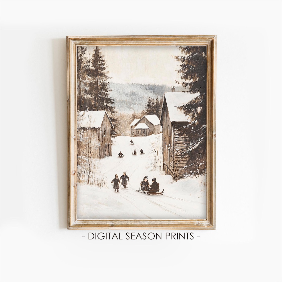 Children Sledding Snowy Hill Vintage Winter Wonderland Poster