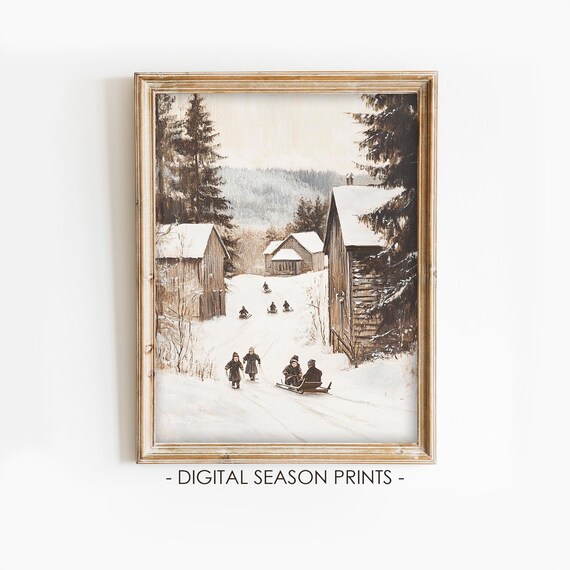 Children Sledding Snowy Hill Vintage Winter Wonderland Poster