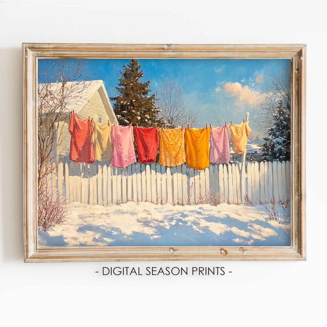 Colorful Laundry on Clothesline Snowy Winter Farmhouse Wall Art