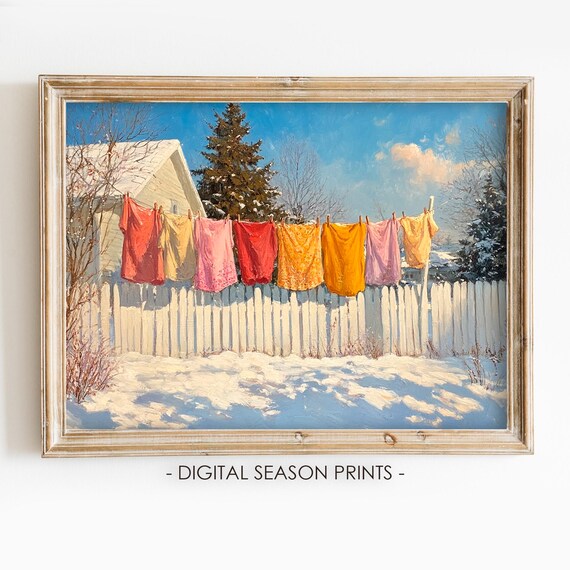 Colorful Laundry on Clothesline Snowy Winter Farmhouse Wall Art