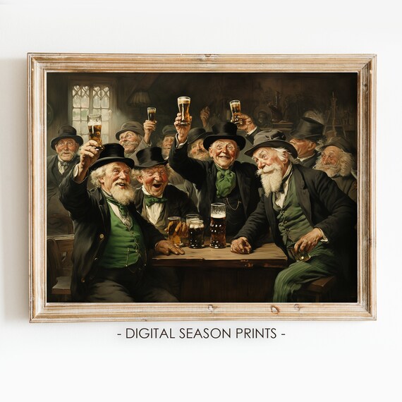 Joyful Irish Men Raising Beer Glasses in an Old Pub Scene Print