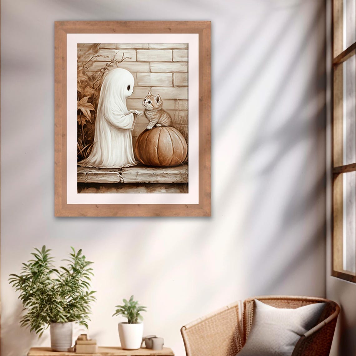 Sweet Ghost Kitten Pumpkin Sepia Vintage Halloween Cat Lover Poster - Image 2