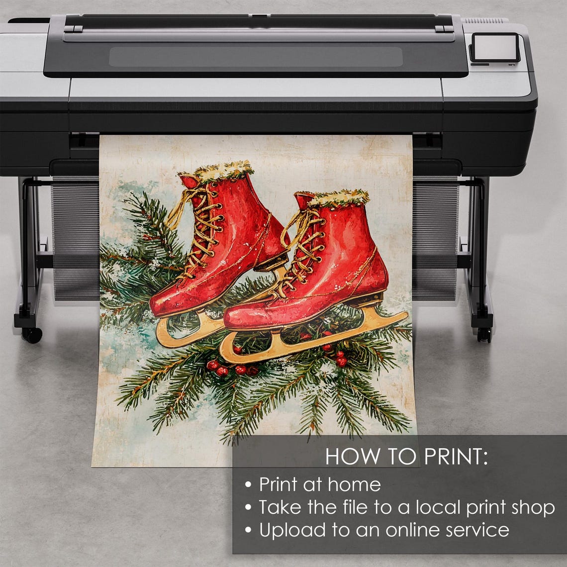 Red Ice Skates Pine Branch Festive Vintage Christmas Wall Art - Image 5