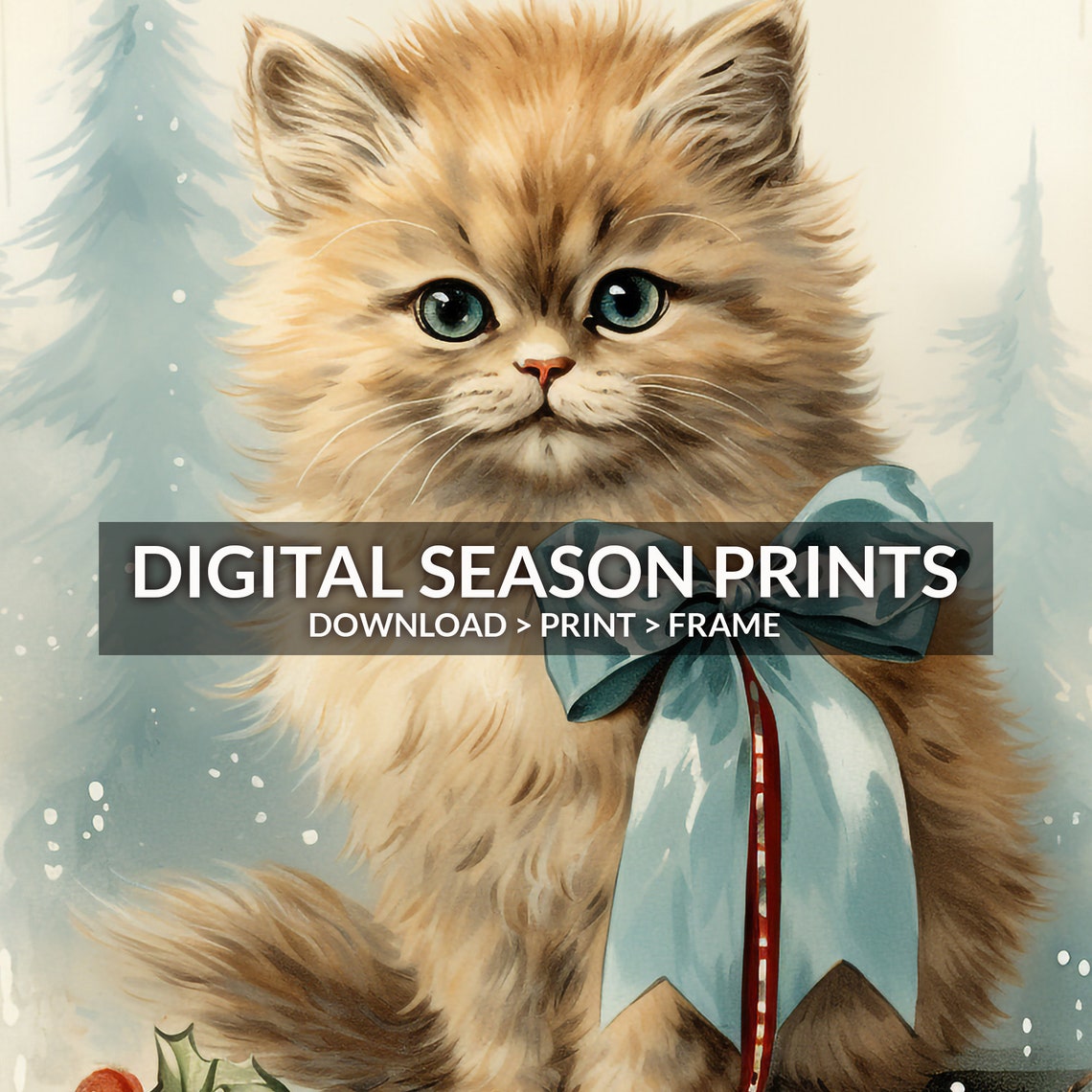 Fluffy Ginger Kitten Blue Bow Holly Berries Christmas Cat Art Poster - Image 6