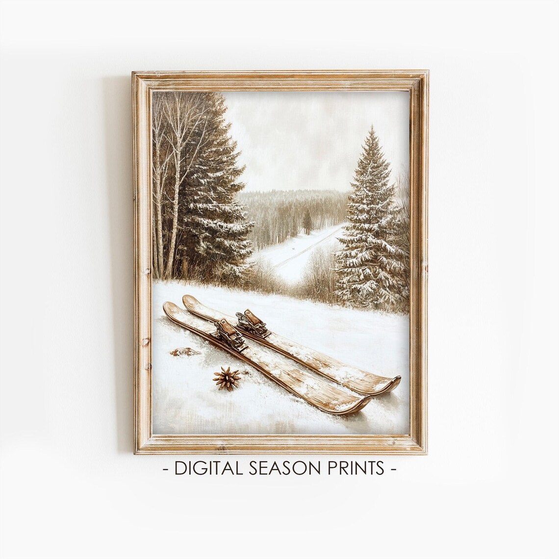Old Wooden Skis Snowy Hill Pines Vintage Winter Scene Poster