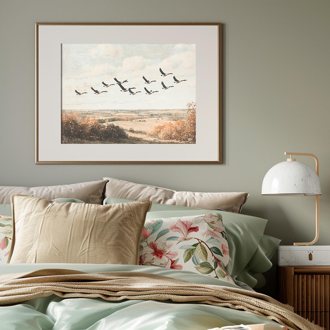 Canada Geese Flying Over Autumn Farmland Vintage Landscape Print - Image 4