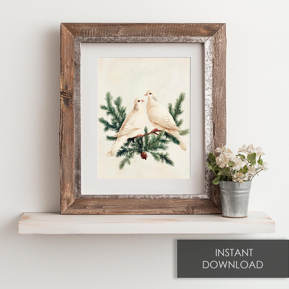 White Doves Pine Branch Elegant Christmas Bird Watercolor Art Print - Image 6