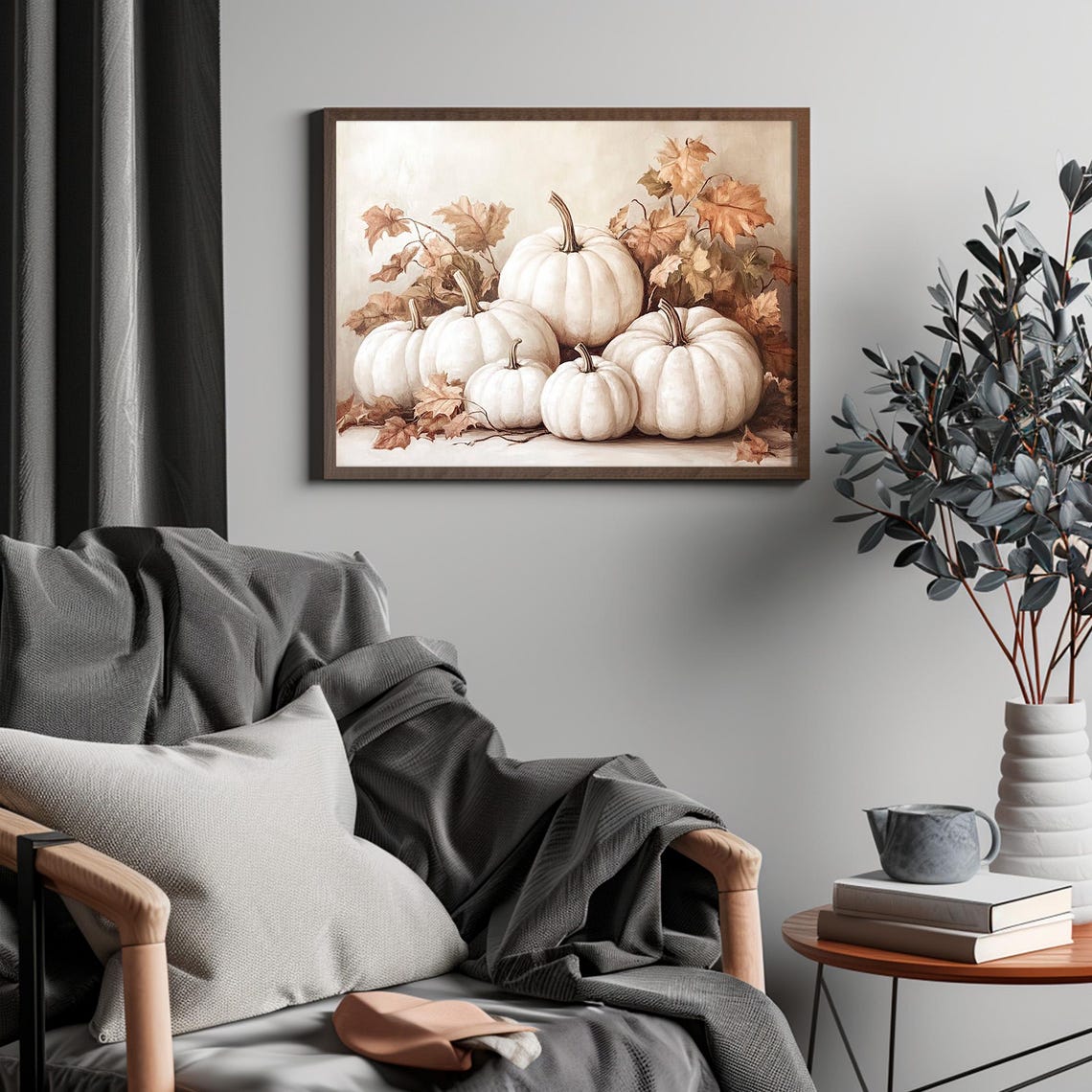 White Pumpkins with Autumn Leaves Rustic Fall Still Life Poster - Image 6