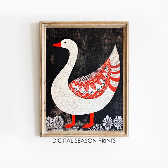 Nordic Goose Painting Scandinavian Folk Art Swedish Print Rustic Farmhouse Wall Decor Cottagecore Art