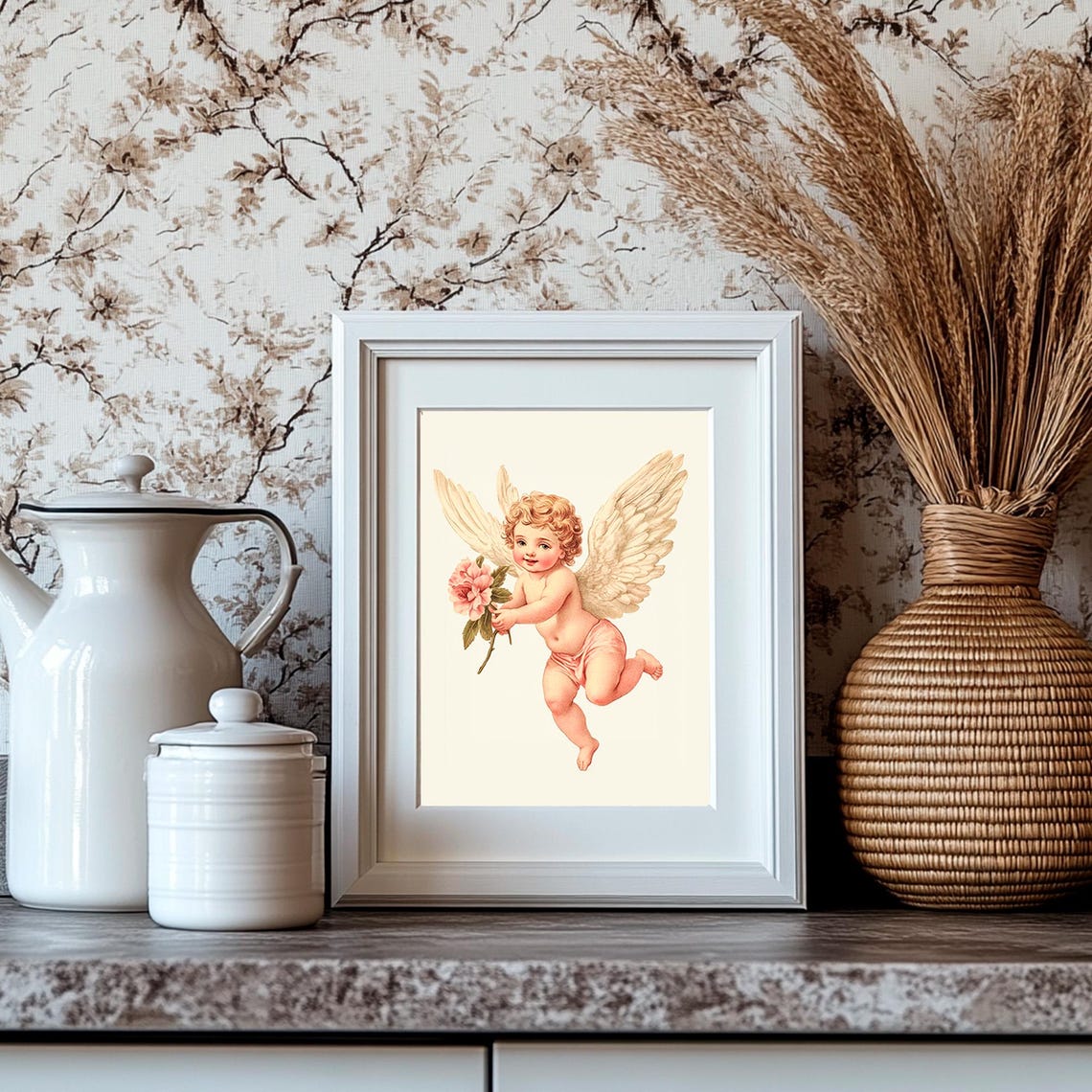 Cupid Cherub Holding Pink Flower Vintage Valentines Day Print - Image 4