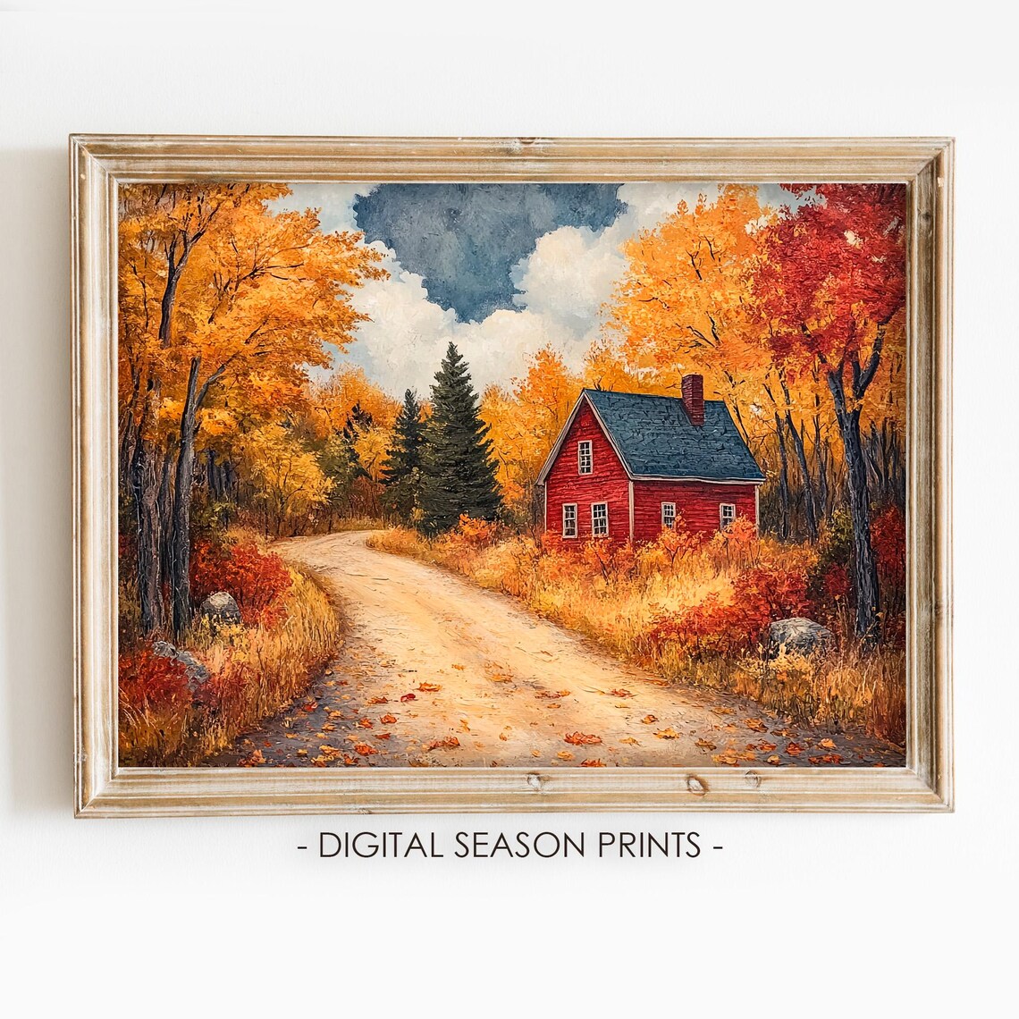 Red Cabin in Blazing Autumn Woods Colorful Fall Foliage Landscape Poster