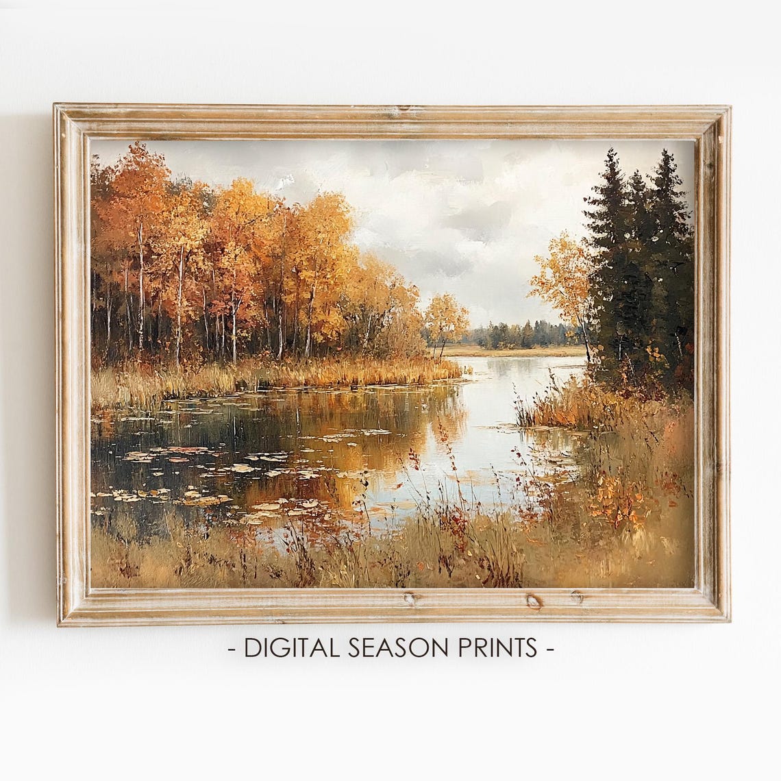 Rustic Fall Lake Landscape Print Autumn Nature Painting Moody Wall Art