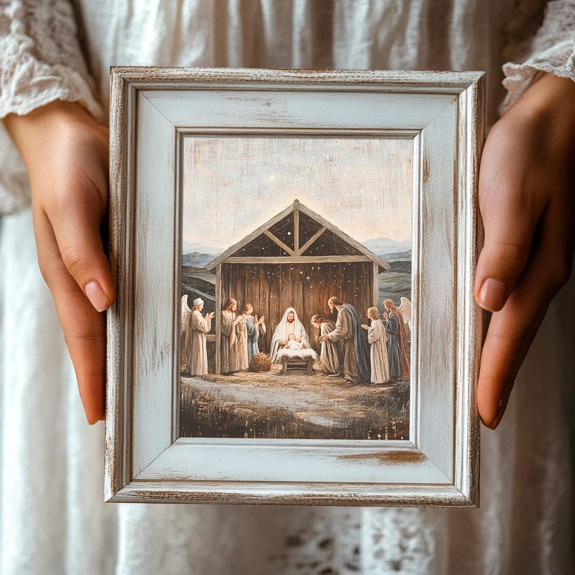 Nativity Scene Birth Of Baby Jesus Painting Vintage Christmas Wall Art Christian Wall Art Holy Family Print Starry Night Sky - Image 3
