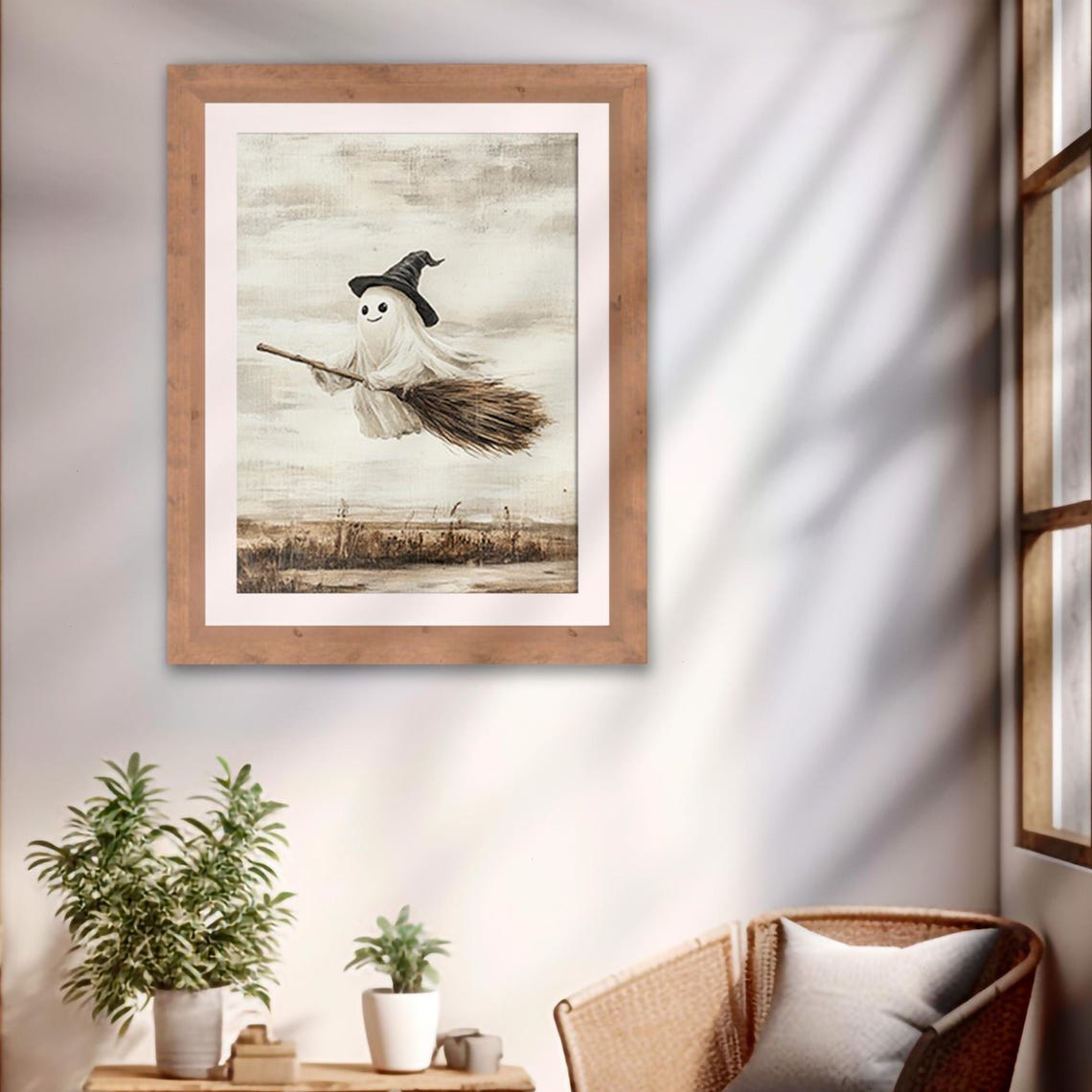 Cute Ghost in a Witch Hat Flying on a Broom Vintage Halloween Poster - Image 2