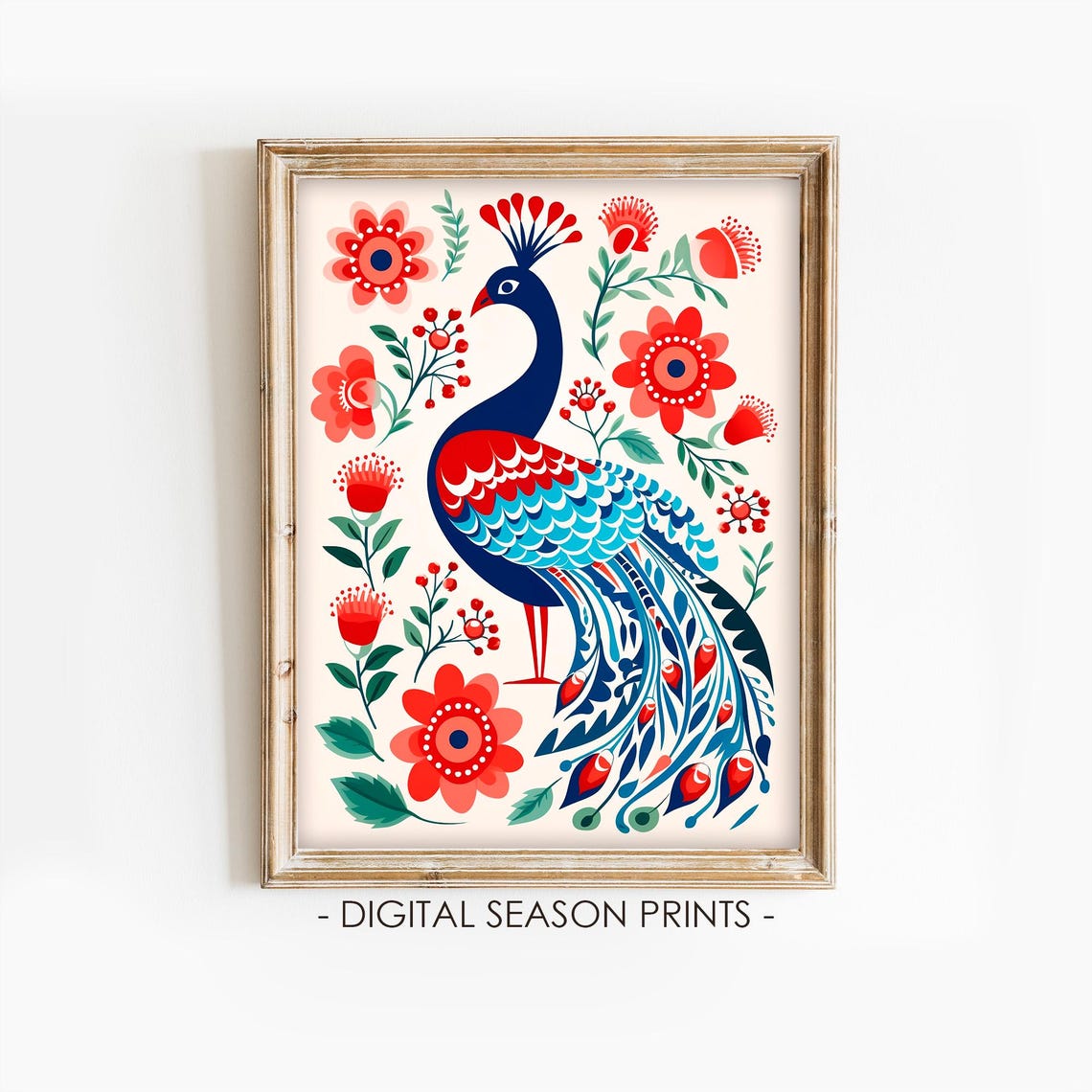 Nordic Scandinavian Folk Art Peacock Navy Red Floral Wall Art