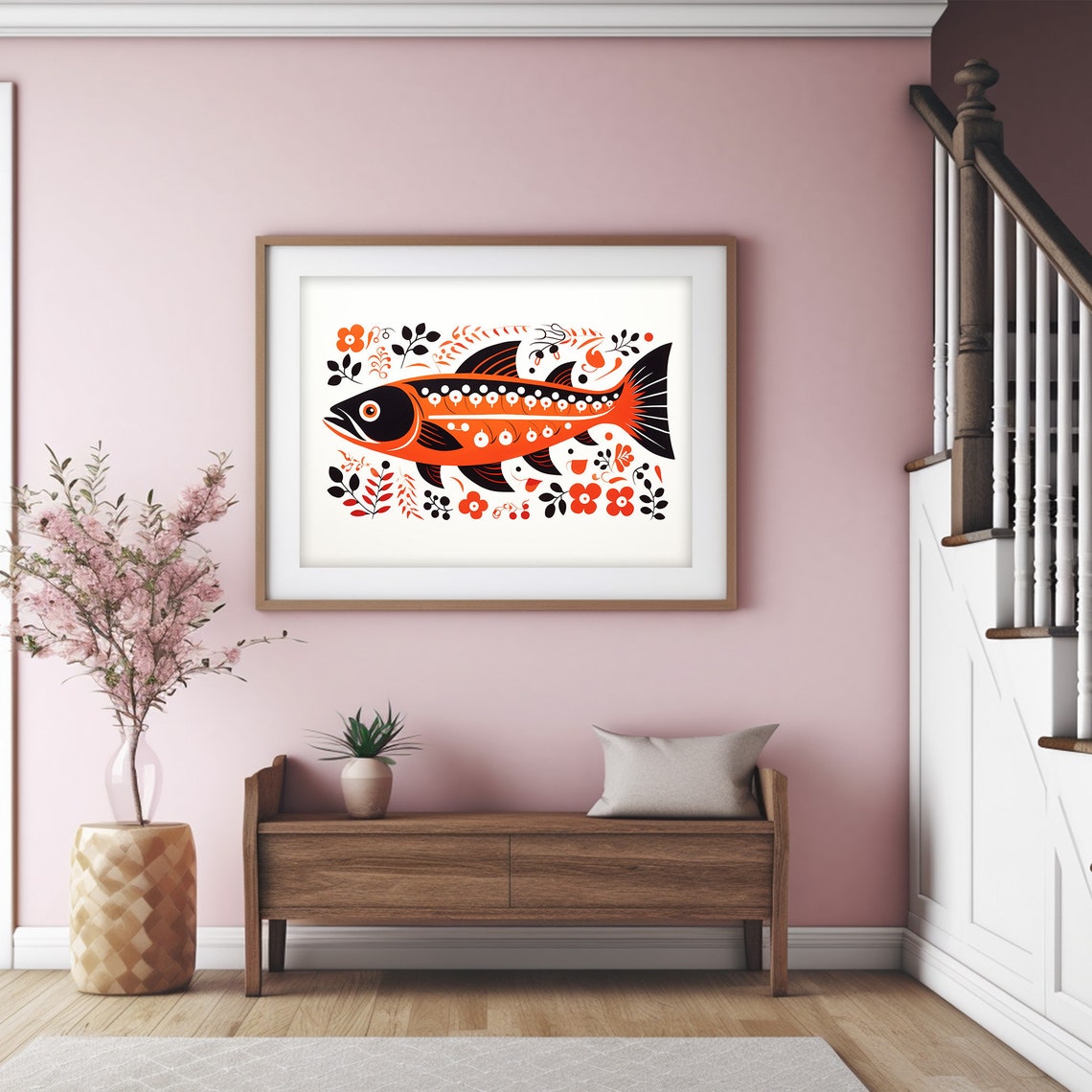 Scandinavian Folk Art Salmon Fish Orange Black Floral Wall Art - Image 4