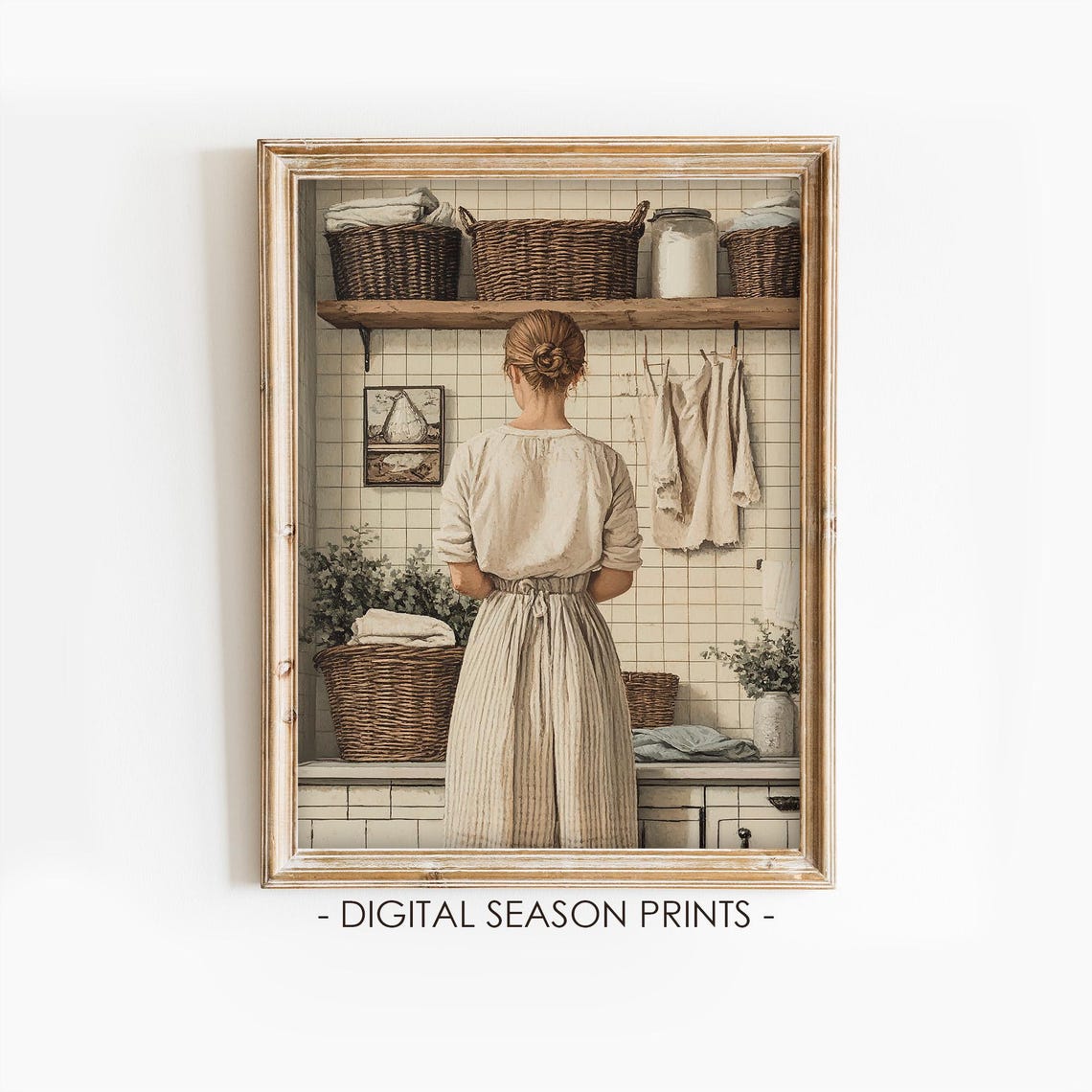 Woman in Vintage Laundry Room Baskets White Tile Back View Poster