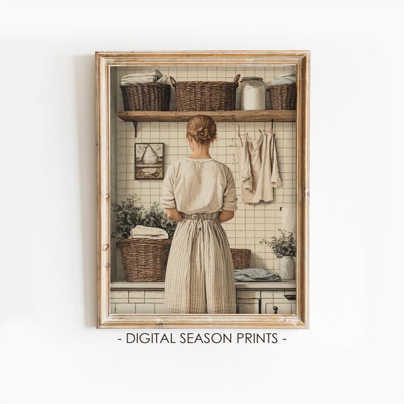Woman in Vintage Laundry Room Baskets White Tile Back View Poster