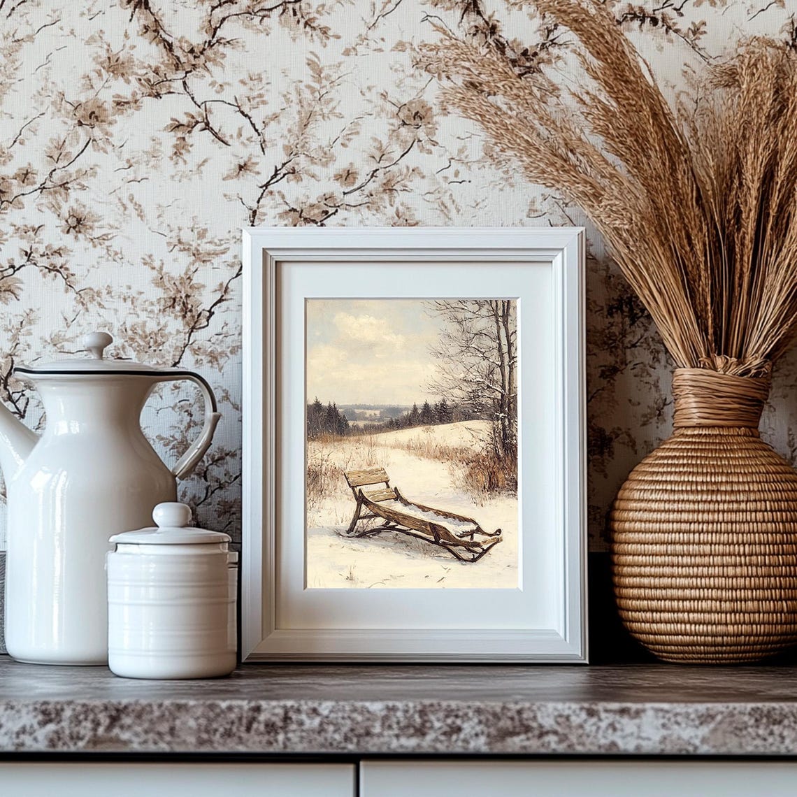 Antique Wooden Sled Snowy Field Vintage Winter Scene Art Poster - Image 4