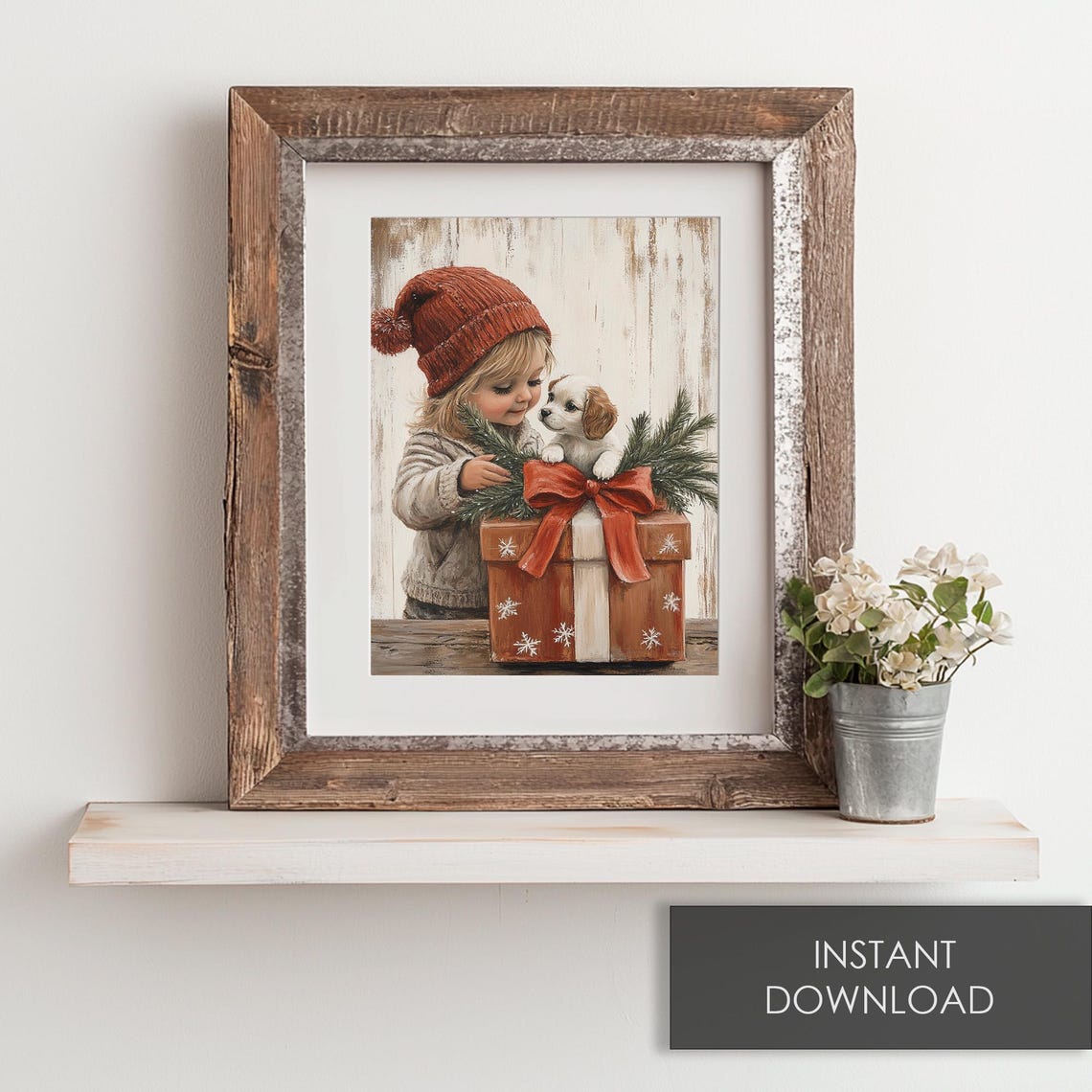 Little Girl in a Red Knit Hat with a Puppy in a Gift Box Poster - Image 6