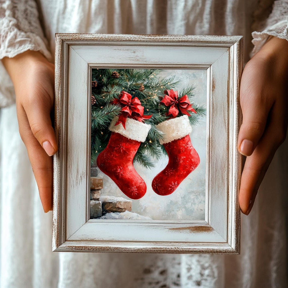 Red Christmas Stockings Hanging From Pine Branch With Bows Poster - Image 3