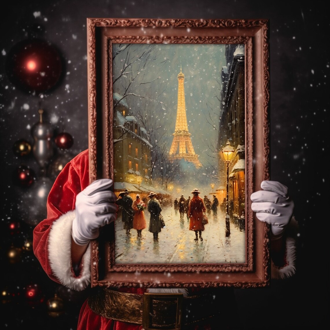 Snowy Paris Street With Glowing Eiffel Tower At Night Vintage Style Poster - Image 6