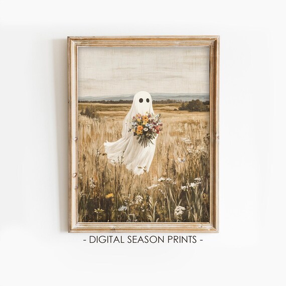 Cute Sheet Ghost Flower Bouquet Wildflower Field Halloween Art Poster