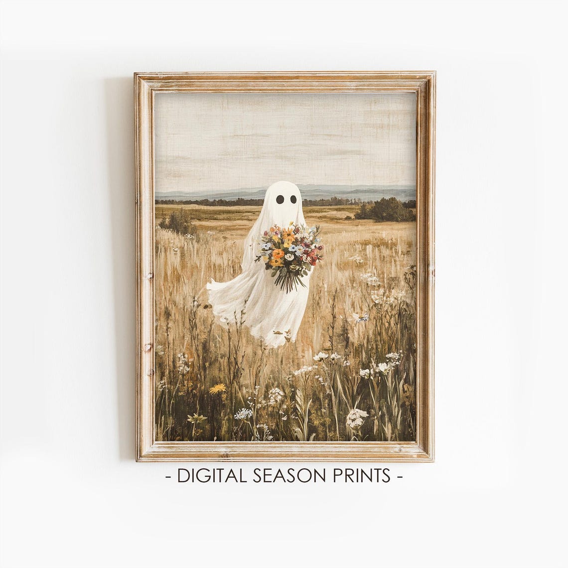 Cute Sheet Ghost Flower Bouquet Wildflower Field Halloween Art Poster