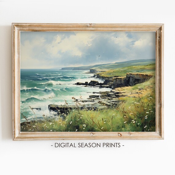 Irish Cliffs Of Donegal Seascape Painting Vintage Ireland Home Decor Irish Landscape Print