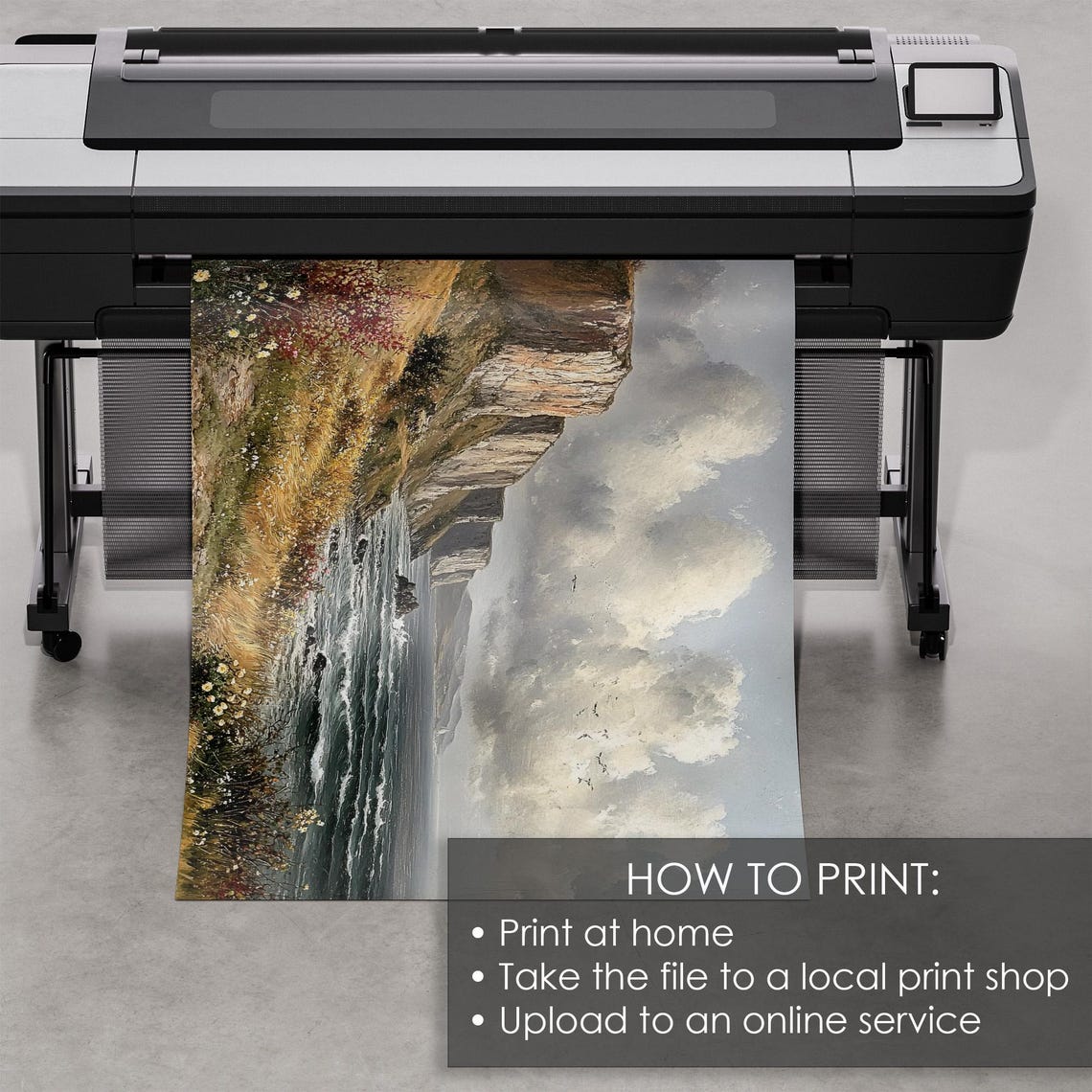 White Sea Cliffs Dramatic Clouds Wildflowers Coastal Painting Poster - Image 5