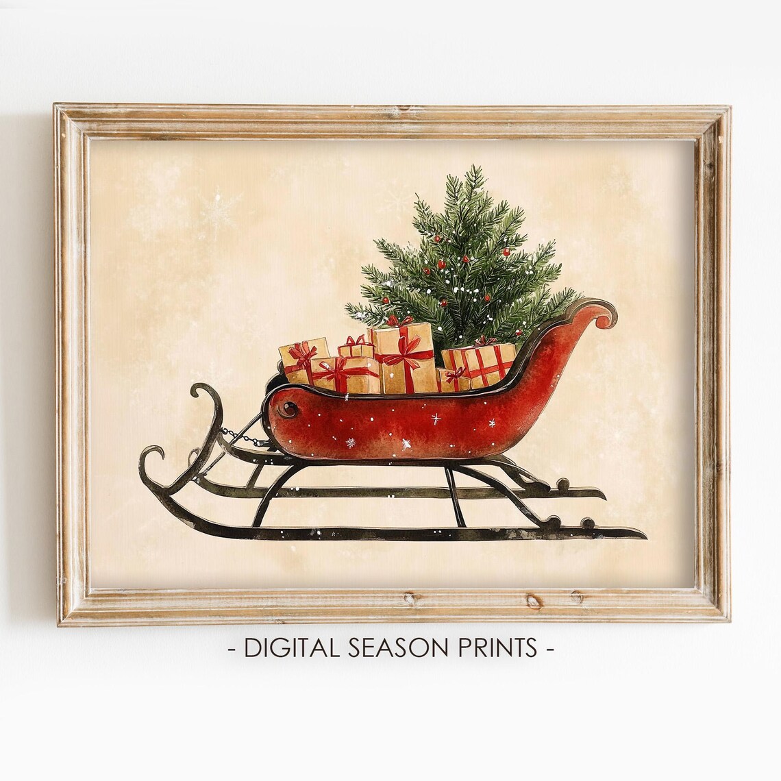 Vintage Red Christmas Sleigh with Gifts and Tree Holiday Print