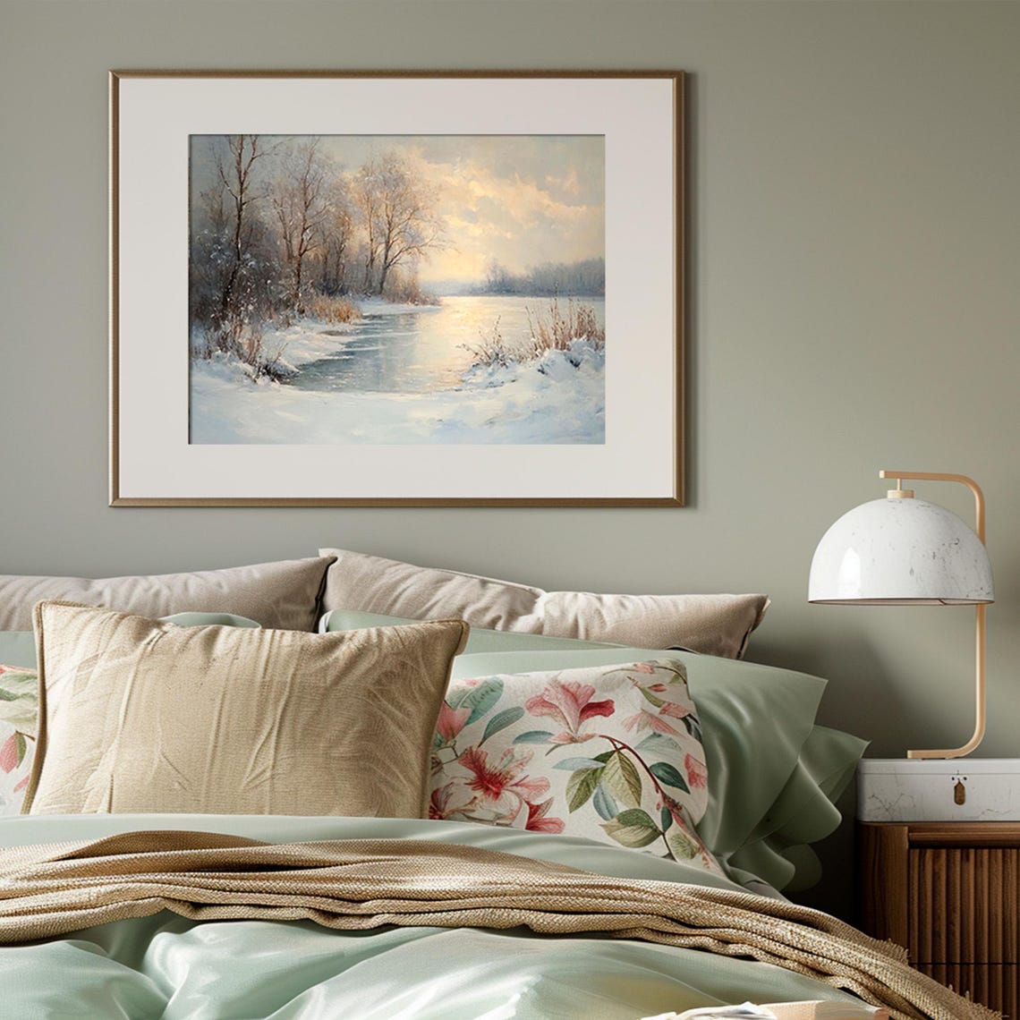 Golden Sunset Over Snowy Forest Pond Winter Landscape Painting Poster - Image 3