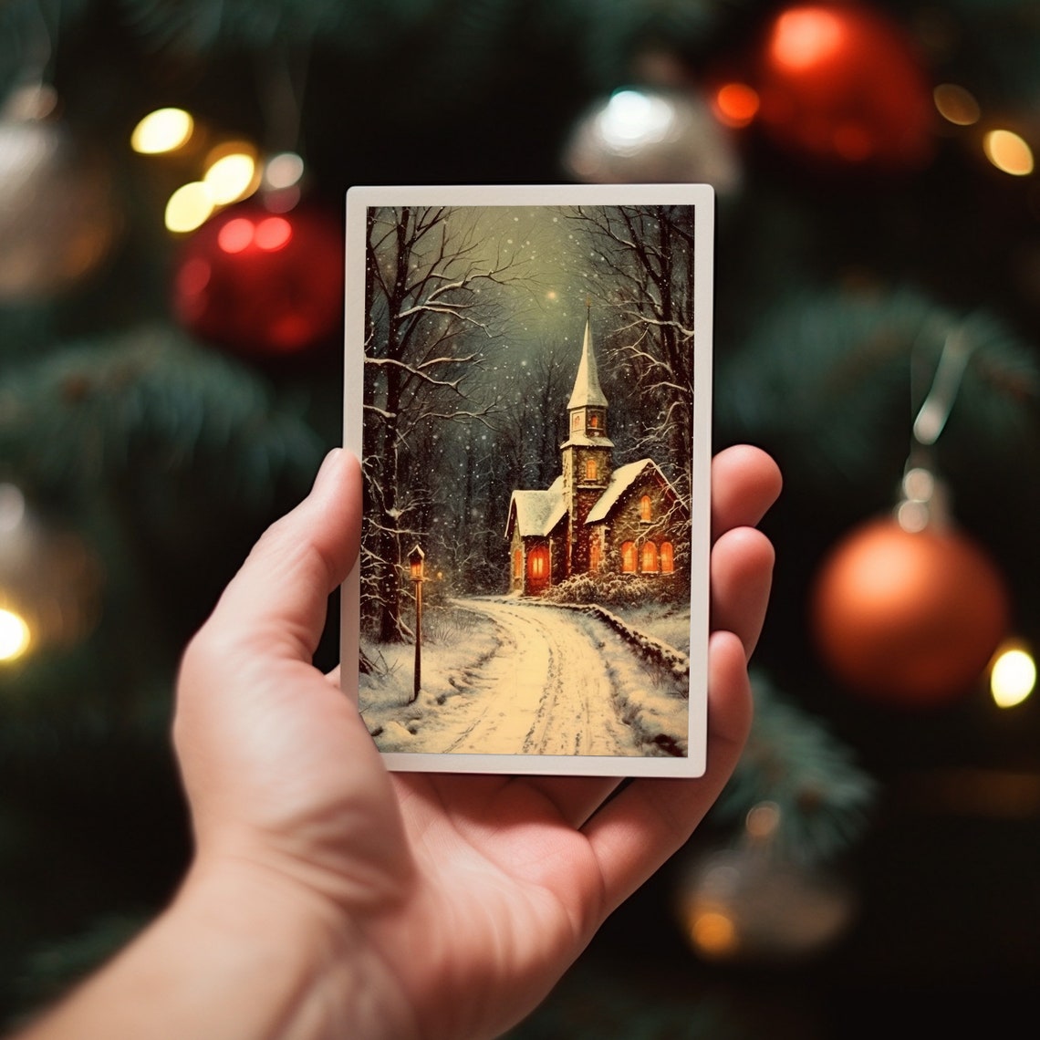 Snowy Chapel in Winter Woods Nighttime Glowing Windows Wall Art - Image 5