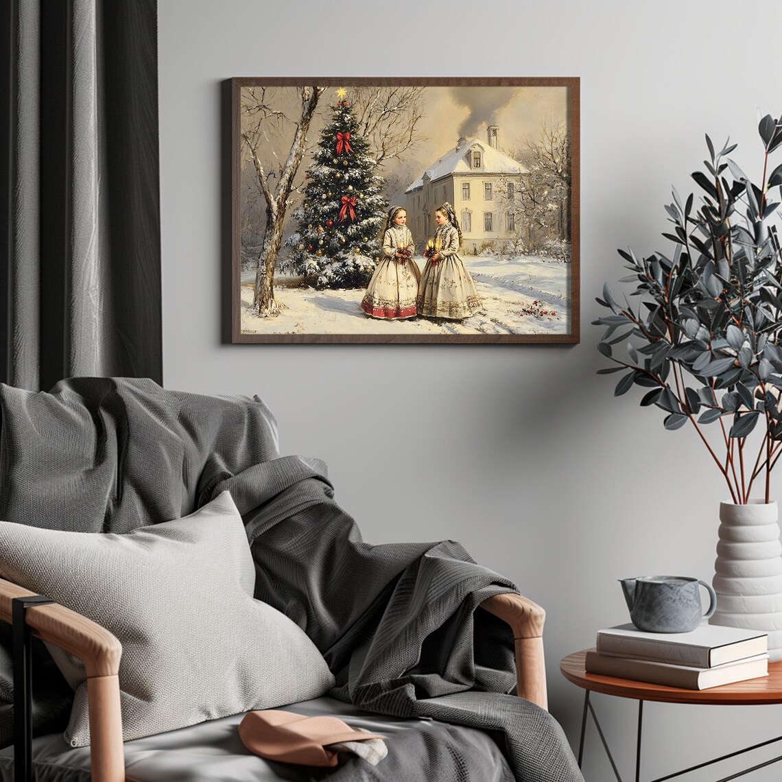 Victorian Christmas Carolers Girls With Candles By Snowy Tree Poster - Image 4