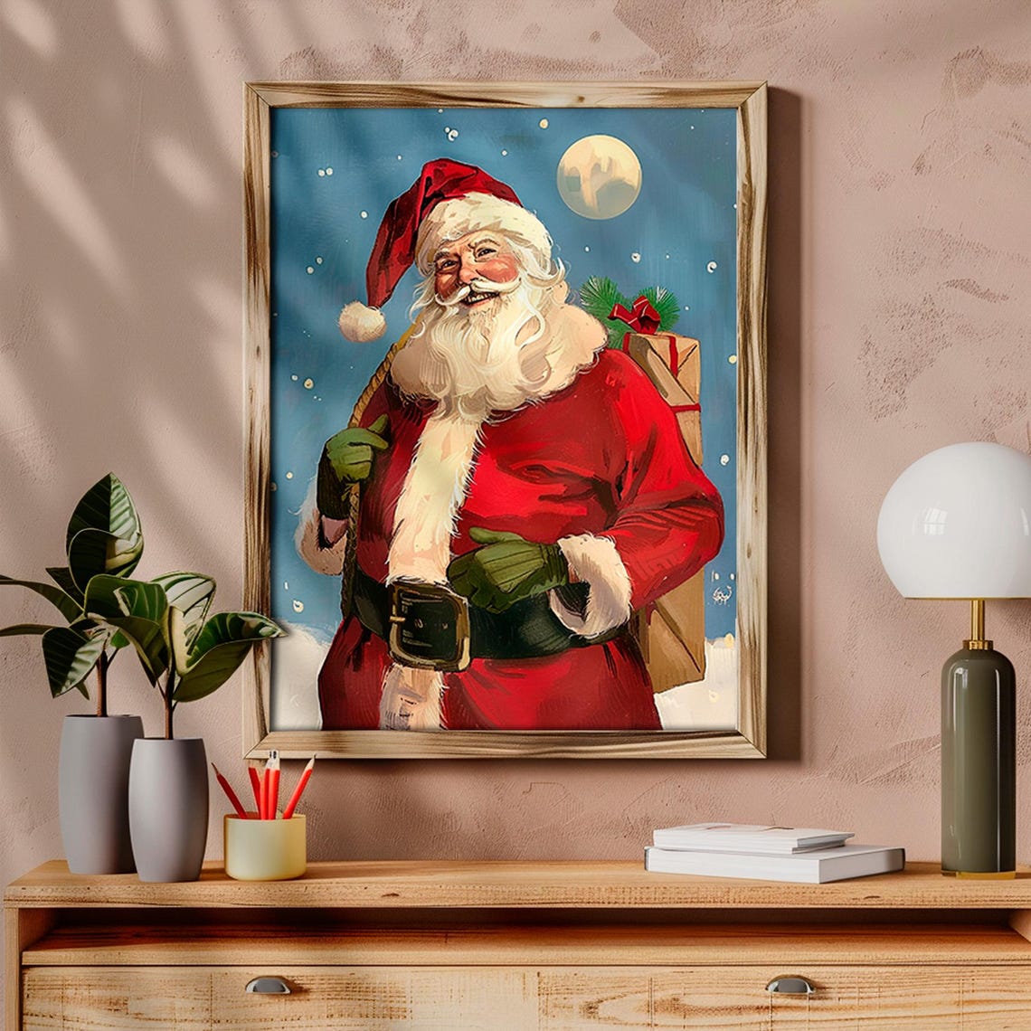 Vintage Santa Claus with Toy Sack Under Moon Snowy Night Poster - Image 6