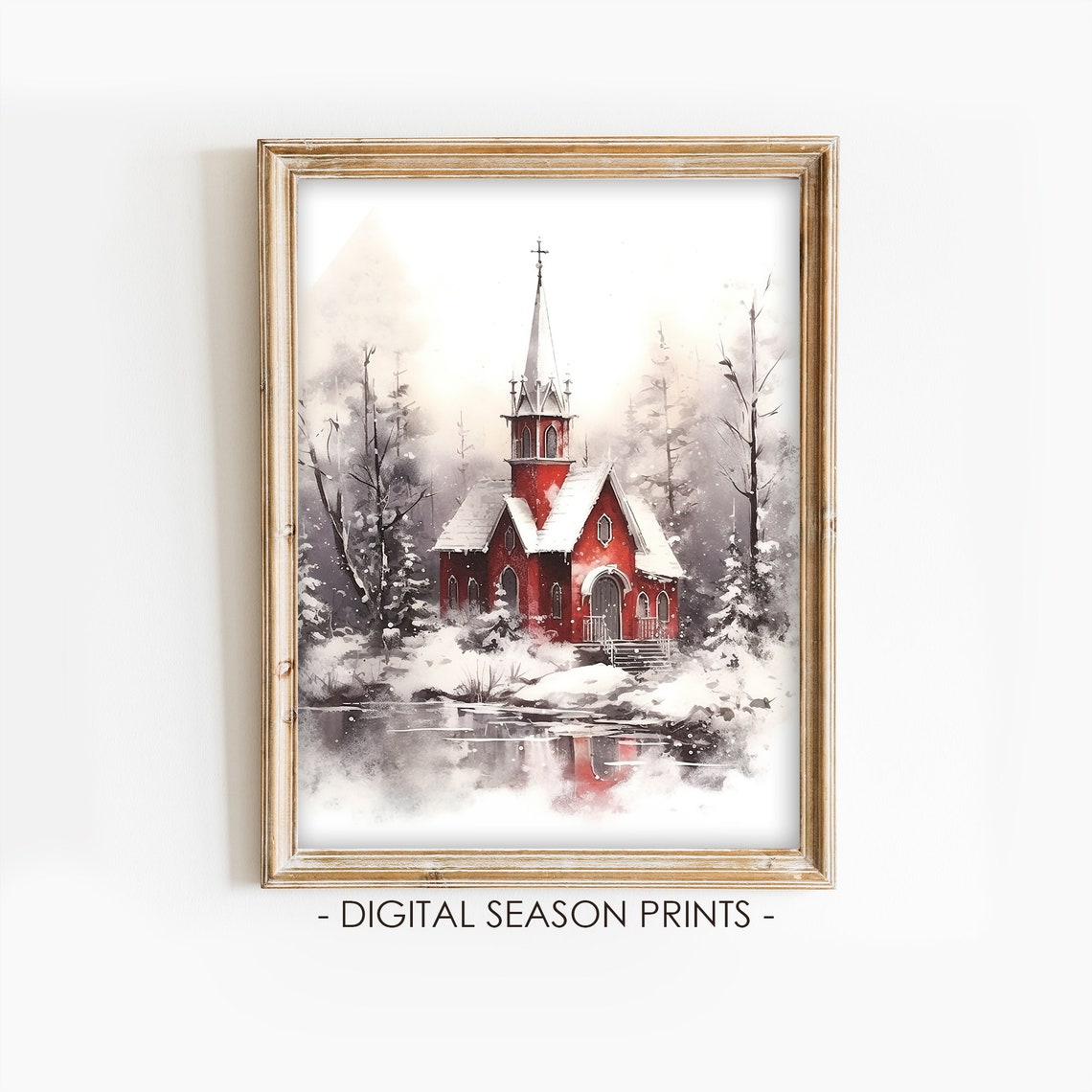 Red Church Steeple Snowy Woods Winter Chapel Scene Holiday Wall Art