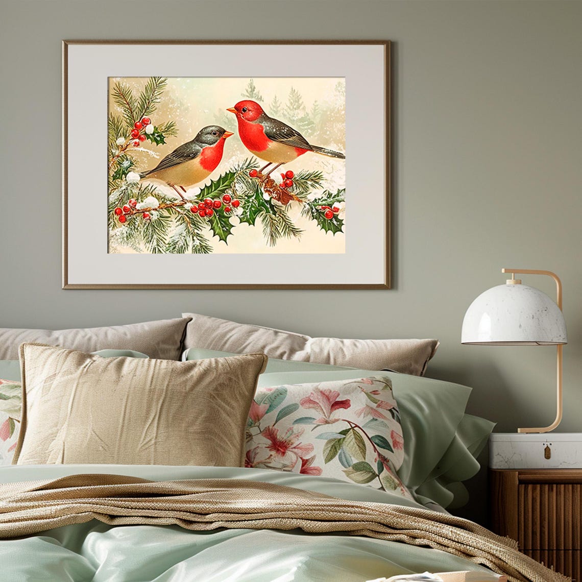Red Birds on Snowy Holly Berries Winter Cardinal Christmas Poster - Image 3