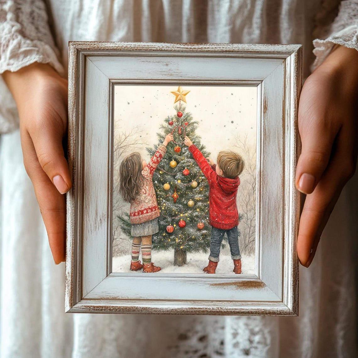 Two Kids Decorating a Christmas Tree in Falling Snow Vintage Poster - Image 3